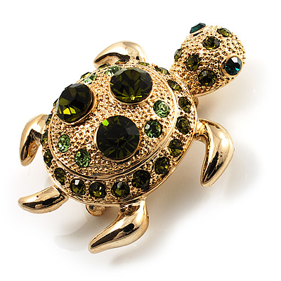 Small Emerald Green Swarovski Crystal Turtle Brooch (Gold Tone) - main view