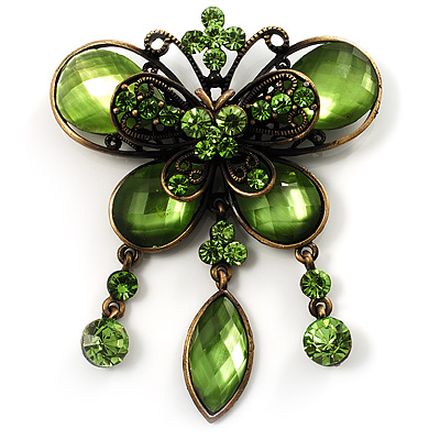 Vintage Green Butterfly Charm Brooch (Bronze Tone) - main view