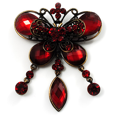 Vintage Burgundy Red Butterfly Charm Brooch (Bronze Tone) - main view