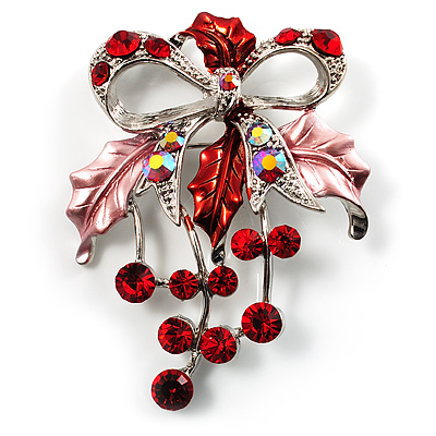 Red Crystal Grapes And Bow Brooch (Silver Tone) - main view