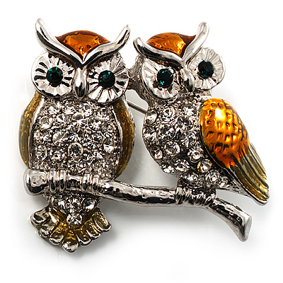 Two Crystal Sitting Owls Brooch (Silver Tone) - main view