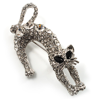 Clear Austrian Crystal Leaping Cat Brooch (Silver Tone) - 62mm - main view