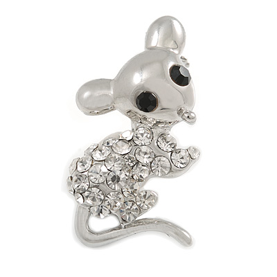 Little Mouse Crystal Brooch (Silver Tone) - main view