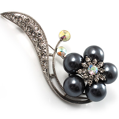 Oversized Stunning Flower Imitation Pearl Crystal Pin Brooch (Silver&Black) - main view