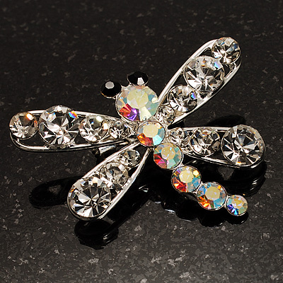 Small Clear Crystal Dragonfly Brooch (Silver Tone) - main view