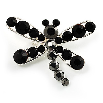 Small Jet Black Crystal Dragonfly Brooch (Silver Tone) - main view