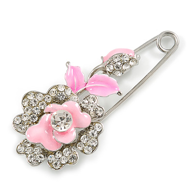 Safety Pin Brooch with Crystal Pink Rose Motif in Silver Tone/ 70mm Long