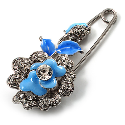 Silver Tone Crystal Rose Safety Pin Brooch (Light Blue) - main view