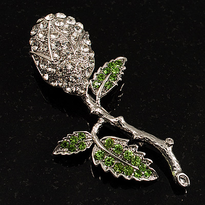 Vintage Crystal Rose Brooch (Silver&Clear&Green) - main view