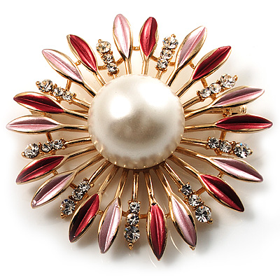 Golden Imitation Pearl Starburst Corsage Brooch (Pink&Red) - main view