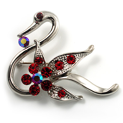 Graceful Red Crystal Swan Brooch (Silver Tone) - main view