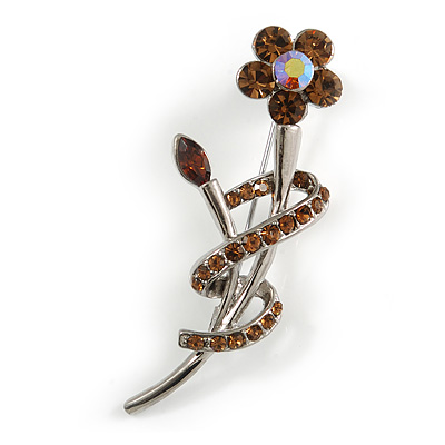 Amber Coloured Crystal Daisy Brooch (Silver Tone) - main view
