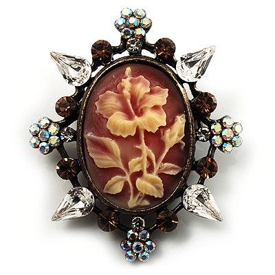 Vintage AB Crystal Floral Cameo Brooch (Bronze Tone) - main view