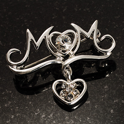 Silver Tone Diamante Charm 'MOM' Brooch - main view