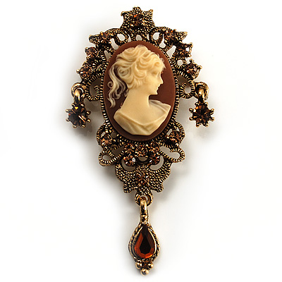 Heiress Filigree Crystal Charm 'Cameo' Brooch (Antique Gold) - main view