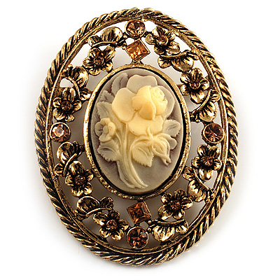 Vintage Floral Crystal Cameo Brooch (Antique Gold Finish)