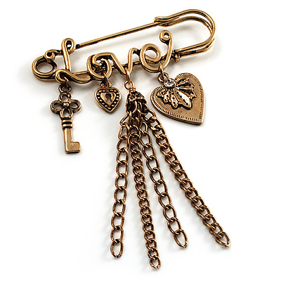 'Love', Key, Lock, Heart And Tassel Safety Pin Brooch (Antique Gold Tone) - main view