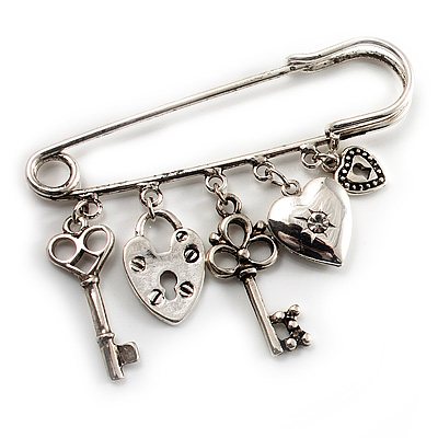 Key, Lock And Heart Locket Charm Safety Pin Brooch (Silver Tone) - main view