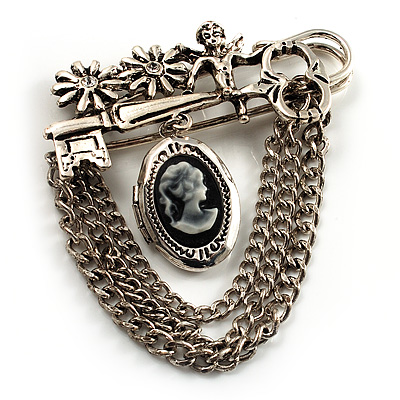 Vintage Cameo Locket, Angel, Key, Flower And Chain Pin Brooch (Burn Silver Finish) - main view