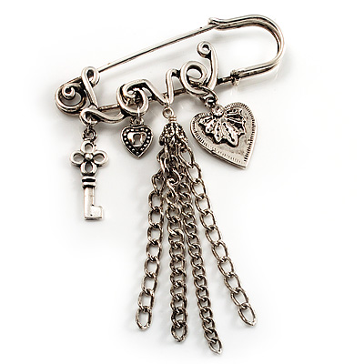 'Love', Key, Lock, Heart And Tassel Safety Pin Brooch (Antique Silver Tone) - main view