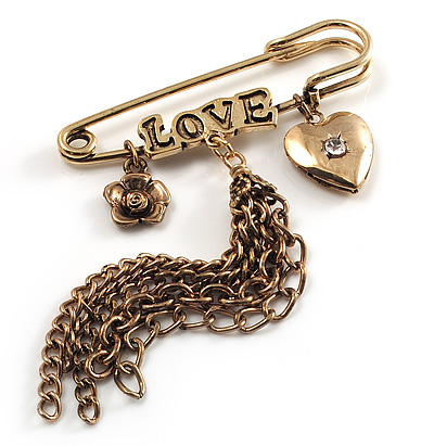 'Love', Crystal Heart, Flower And Tassel Safety Pin Brooch (Burn Gold Finish) - main view