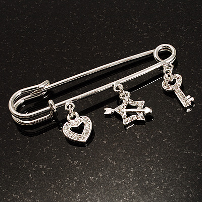 Crystal Key, Star And Heart Charm Safety Pin Brooch (Silver Tone) - main view