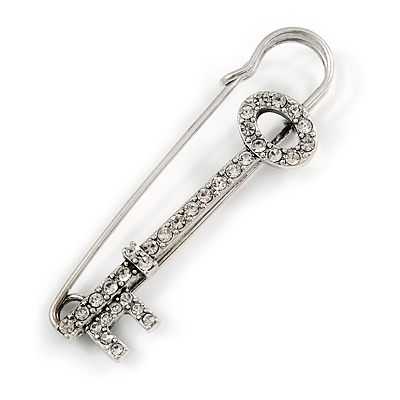 Vintage Diamante Key Fashion Pin Brooch (Burn Silver Finish) - main view