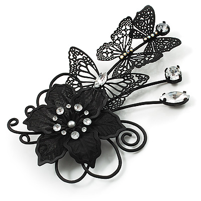 Black Crystal Filigree Flower And Butterfly Crystal Brooch (Catwalk - 2011) - main view