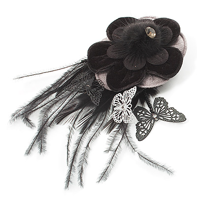 Black Feather Flower And Butterfly Fabric Hair Clip/ Brooch (Catwalk - 2014) - main view