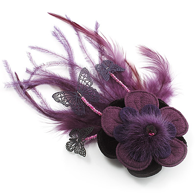 Deep Purple Feather Flower And Butterfly Fabric Hair Clip/ Brooch (Catwalk - 2014) - main view