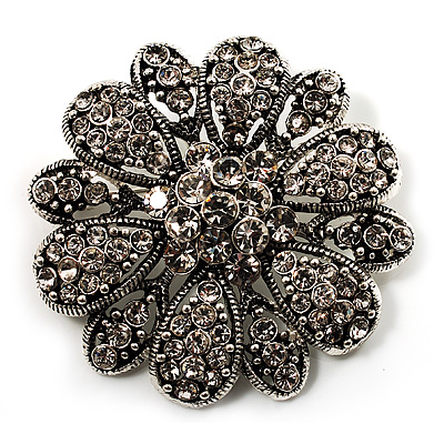 Vintage Swarovski Crystal Floral Brooch (Antique Silver) - main view