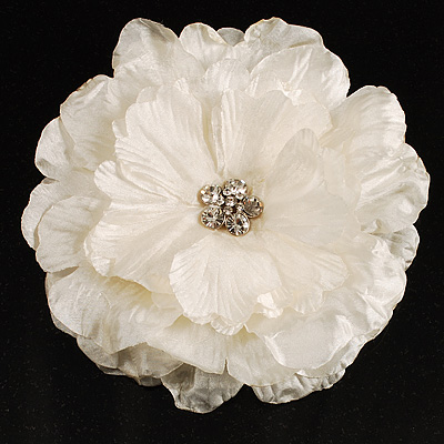 Large Snow White Crystal Fabric Rose Brooch - 13cm Diameter - main view