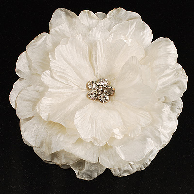 Large Snow White Crystal Fabric Rose Brooch - 13cm Diameter