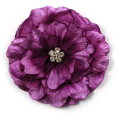 Large Purple Crystal Fabric Rose Brooch - main view