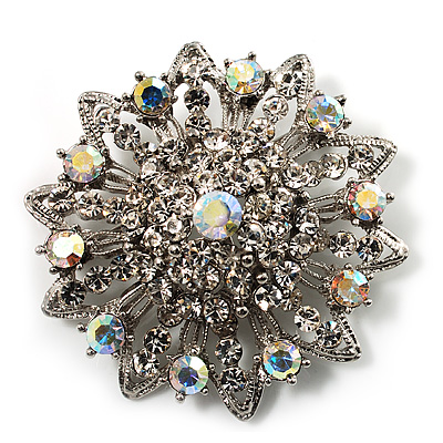 AB Crystal Dimensional Floral Corsage Brooch (Silver Tone) - main view