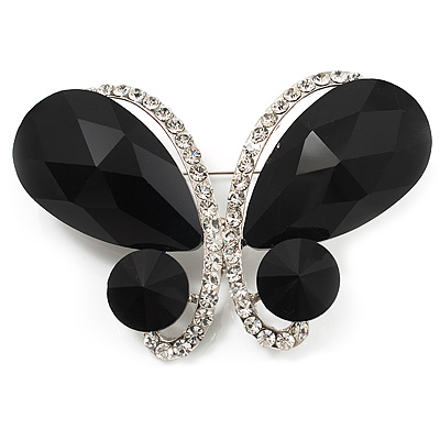 Statement Oversized Jet Black Crystal Butterfly Brooch (Silver Tone) - main view