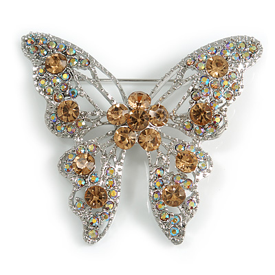 Dazzling Citrine Swarovski Crystal Butterfly Brooch (Silver Tone) - main view
