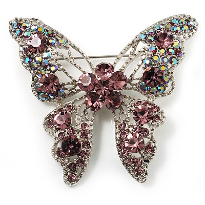 Dazzling Lilac Crystal Butterfly Brooch (Silver Tone) - main view