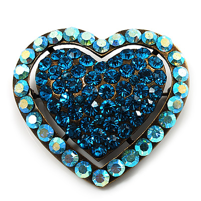 Bronze Tone Dazzling Diamante Heart Brooch (Sky Blue)