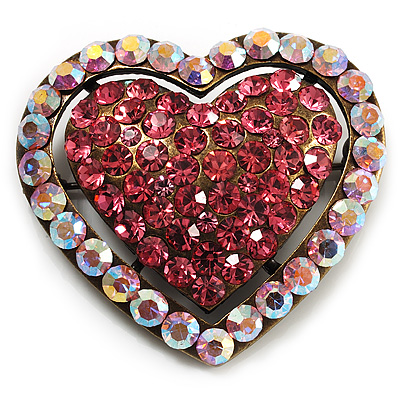 Bronze Tone Dazzling Diamante Heart Brooch (Pink) - main view