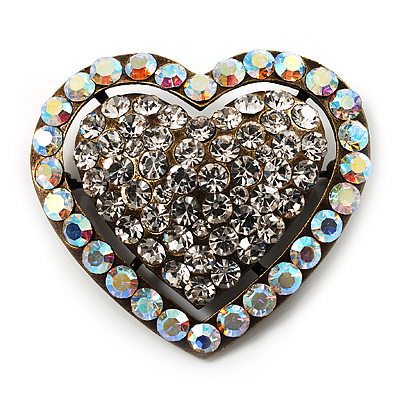 Bronze Tone Dazzling Diamante Heart Brooch (Clear) - main view