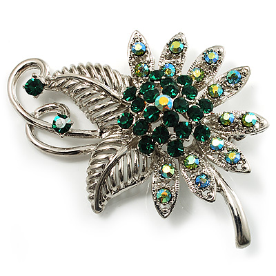 Emerald Green Crystal Floral Brooch (Silver Tone) - main view