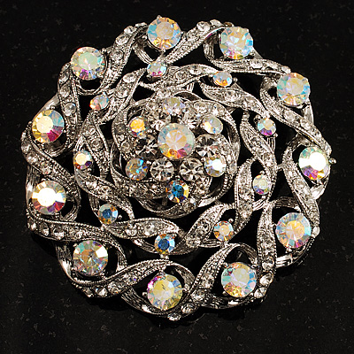Dome Shaped AB Crystal Corsage Brooch (Silver Tone)