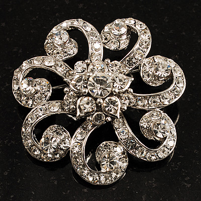Charming Diamante Floral Brooch (Silver Tone)