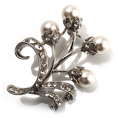 Snow White Imitation Pearl Floral Brooch (Silver Tone) - main view