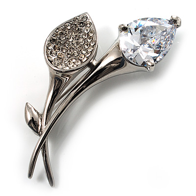 Exquisite CZ Floral Brooch (Silver Tone) - main view