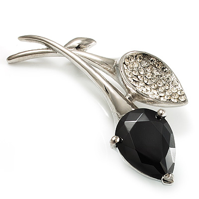 Exquisite Black CZ Floral Brooch (Silver Tone) - main view