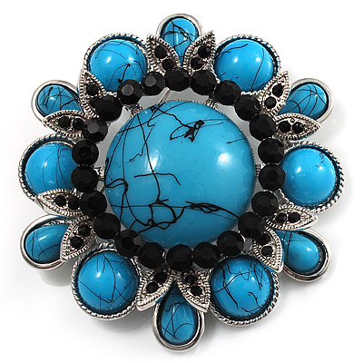 Vintage Turquoise Stone Floral Corsage Brooch (Burn Silver Tone) - main view