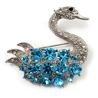 Rhodium Plated Diamante Swan Brooch (Sea Blue & Clear) - main view