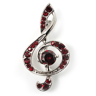 Silver Tone Crystal Music Treble Clef Brooch (Burgundy Red) - main view